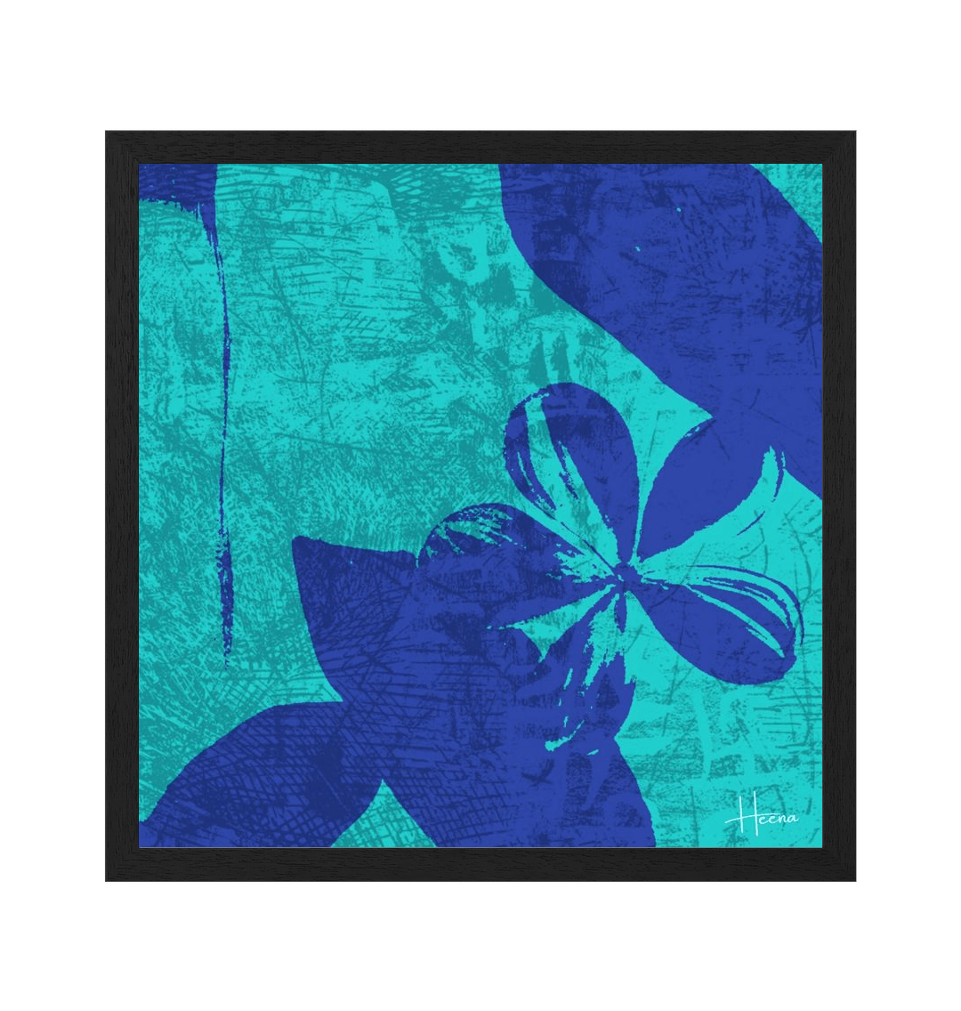 Framed abstract art with blue and teal colors