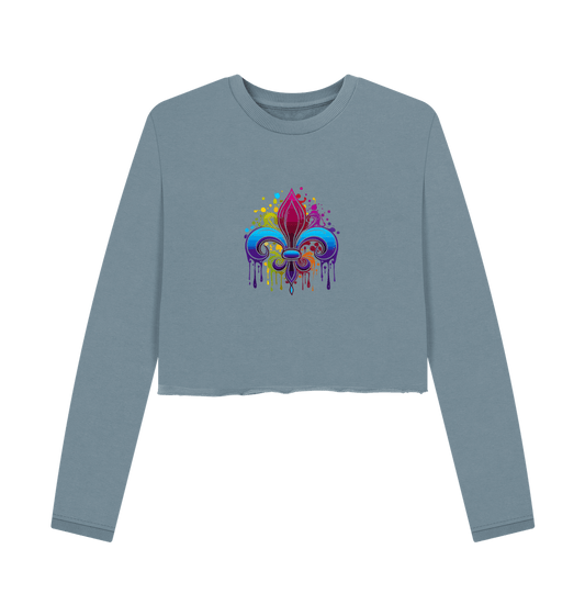 Gray long-sleeved crop sweatshirt with colorful fleur-de-lis design