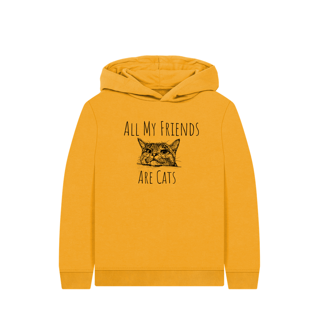 Yellow hoodie with cat illustration and text