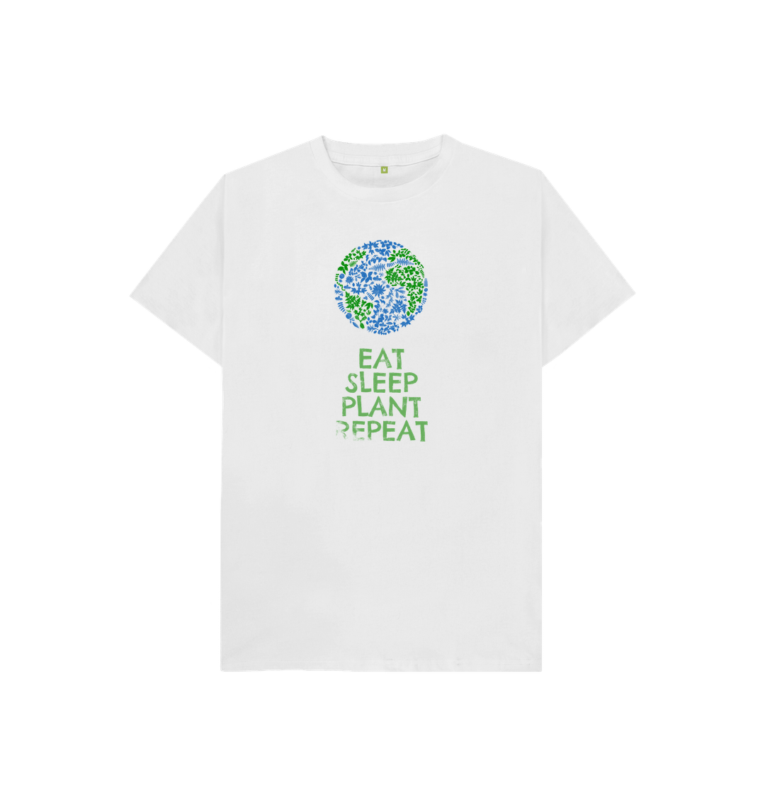 White t-shirt with "EAT SLEEP PLANT REPEAT" text and circular design