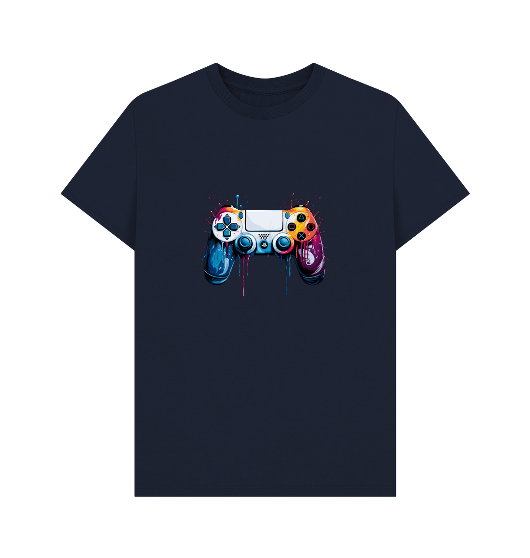 Navy blue t-shirt with colorful game controller graphic
