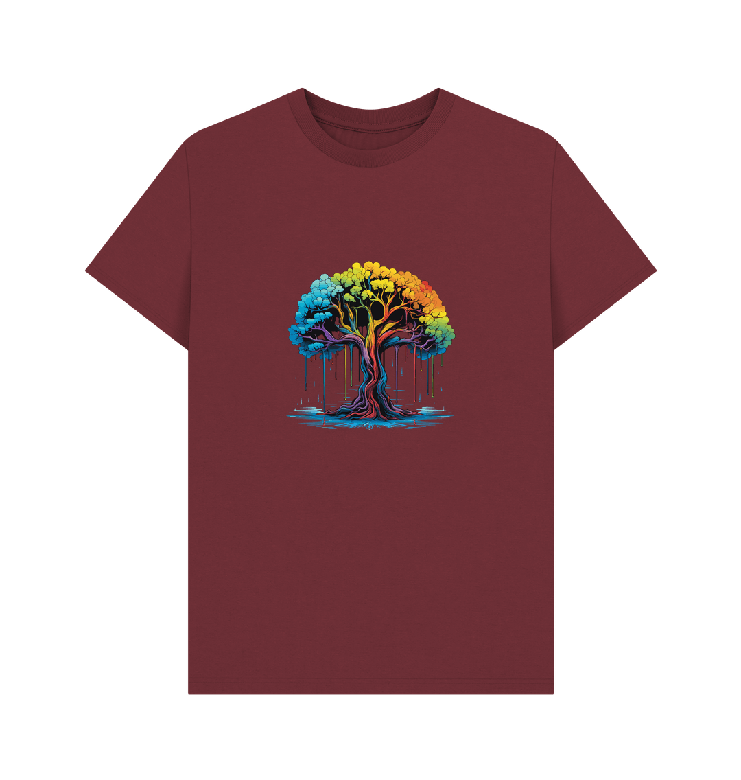 Maroon t-shirt with colorful dripping tree design