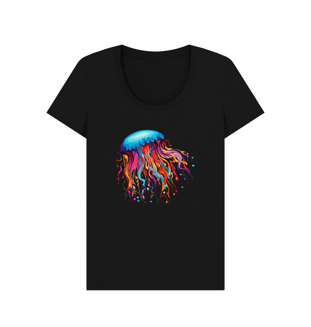 Black t-shirt with colorful jellyfish design