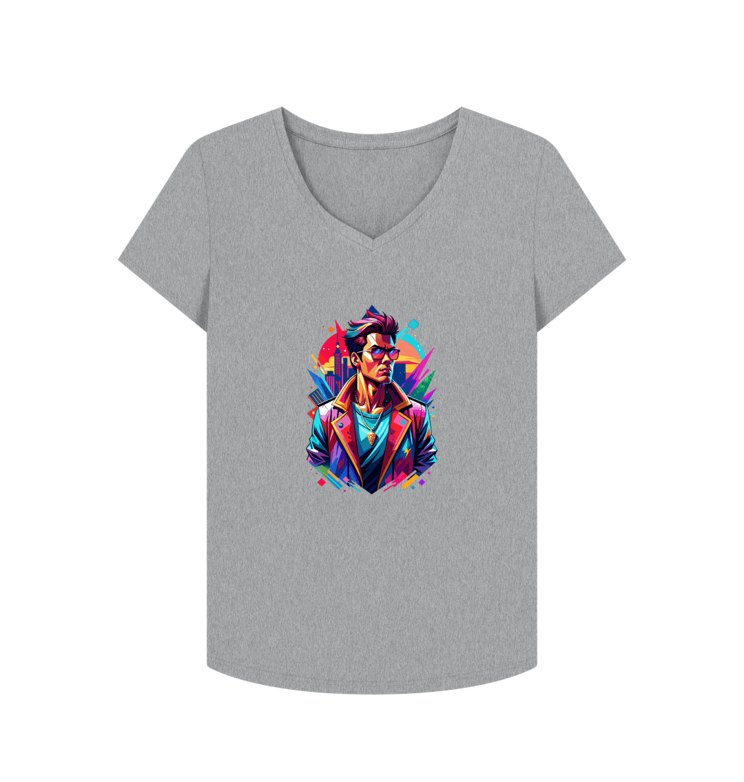 Gray V-neck t-shirt with colorful graphic