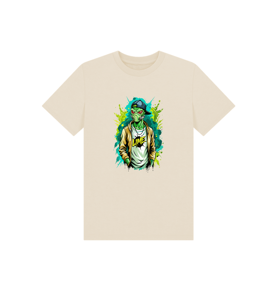 Cream t-shirt with green alien graphic