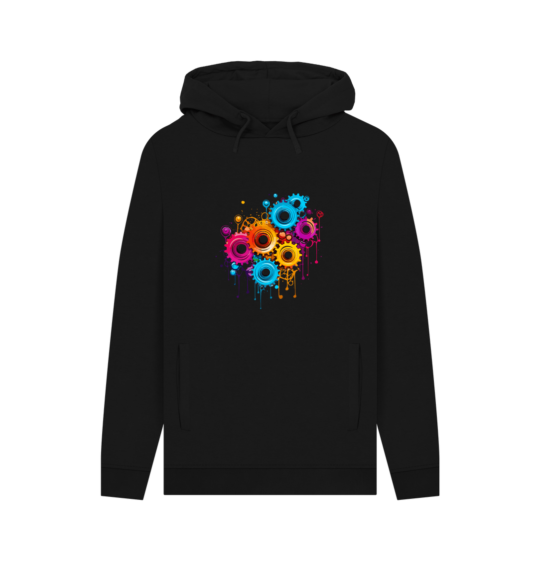 Black hoodie with colorful gear design