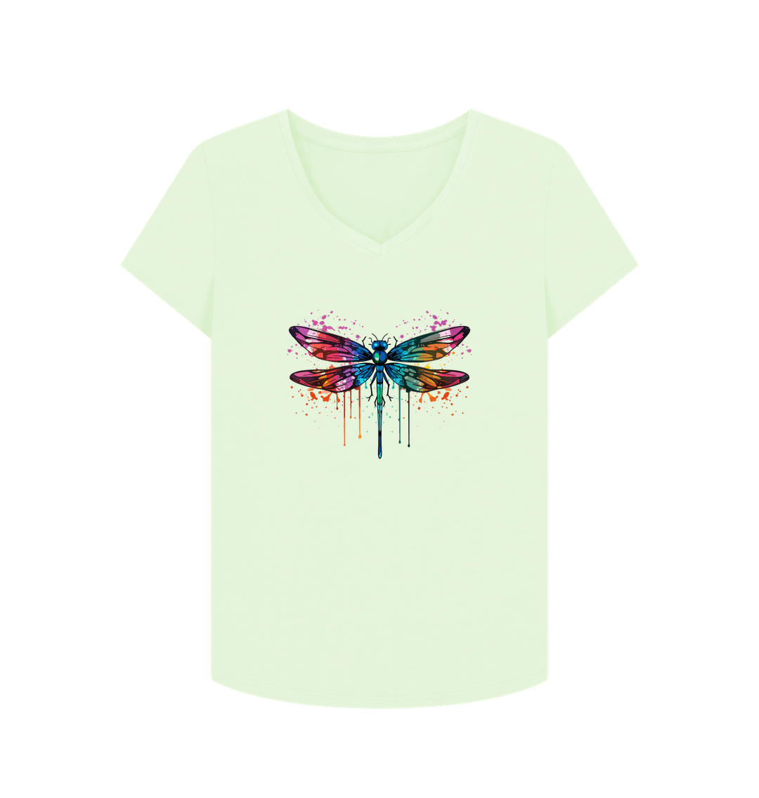 White t-shirt with colorful dragonfly design