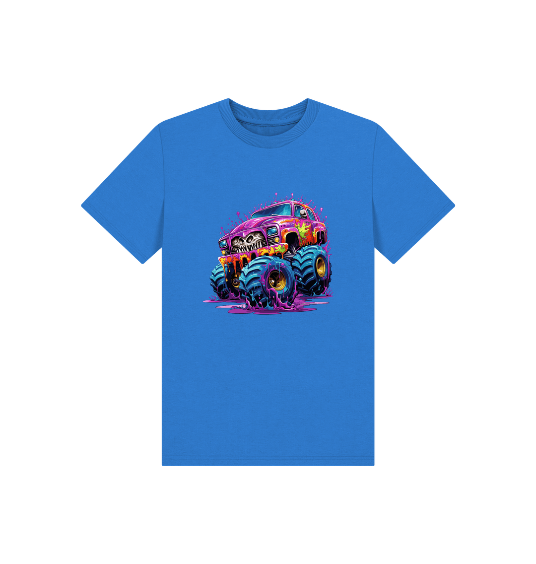 Blue t-shirt with colorful monster truck graphic