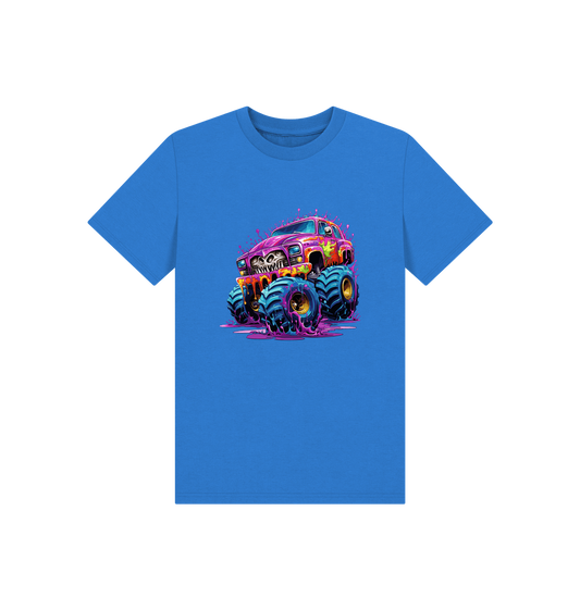 Blue t-shirt with colorful monster truck graphic
