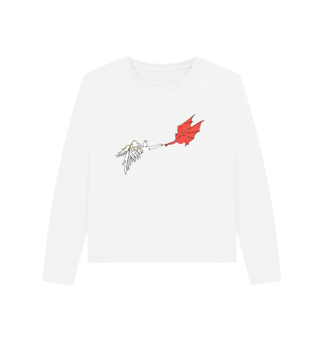 White long-sleeved t-shirt with angel and devil illustration
