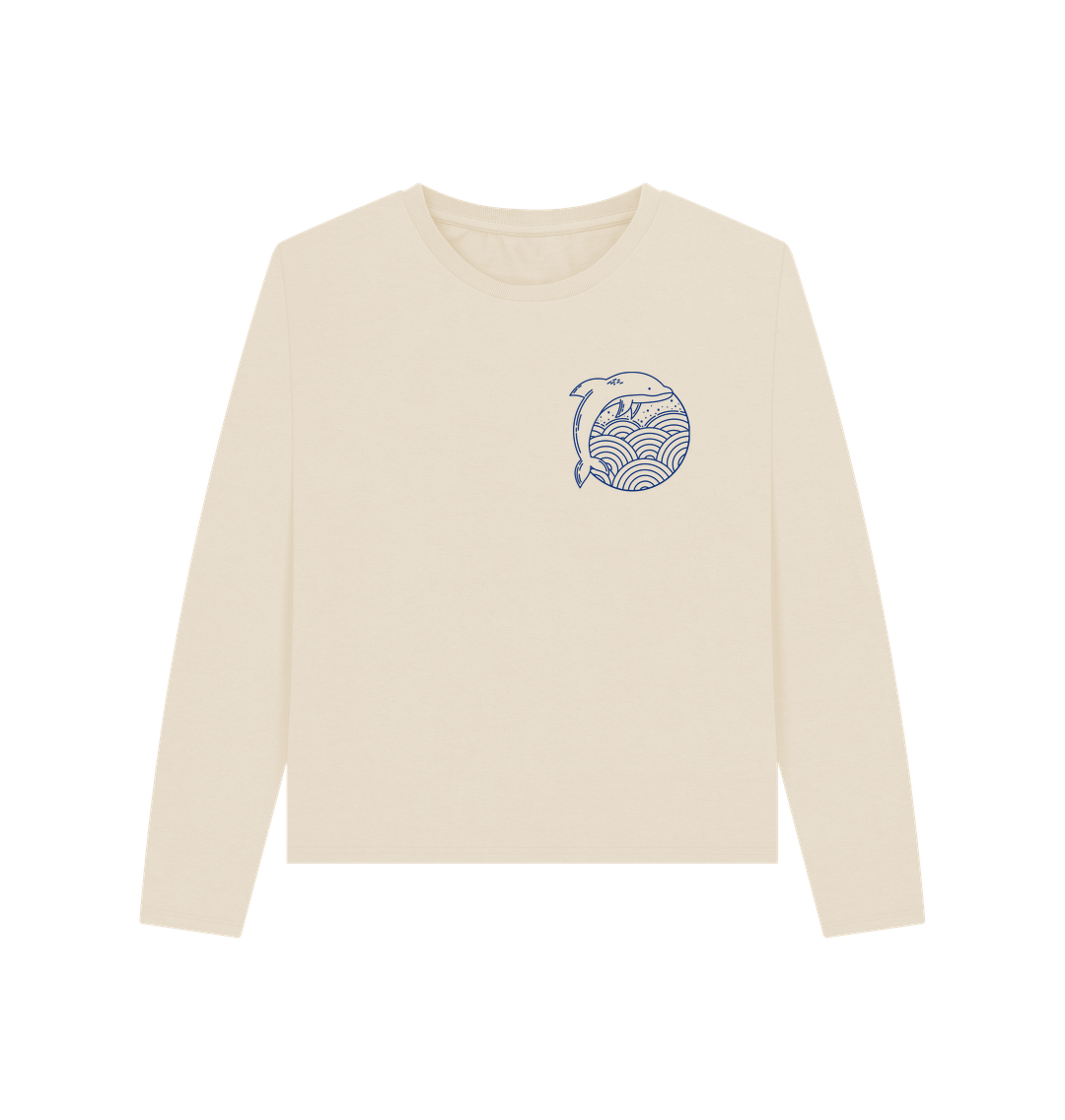 Cream long-sleeved shirt with dolphin and wave design