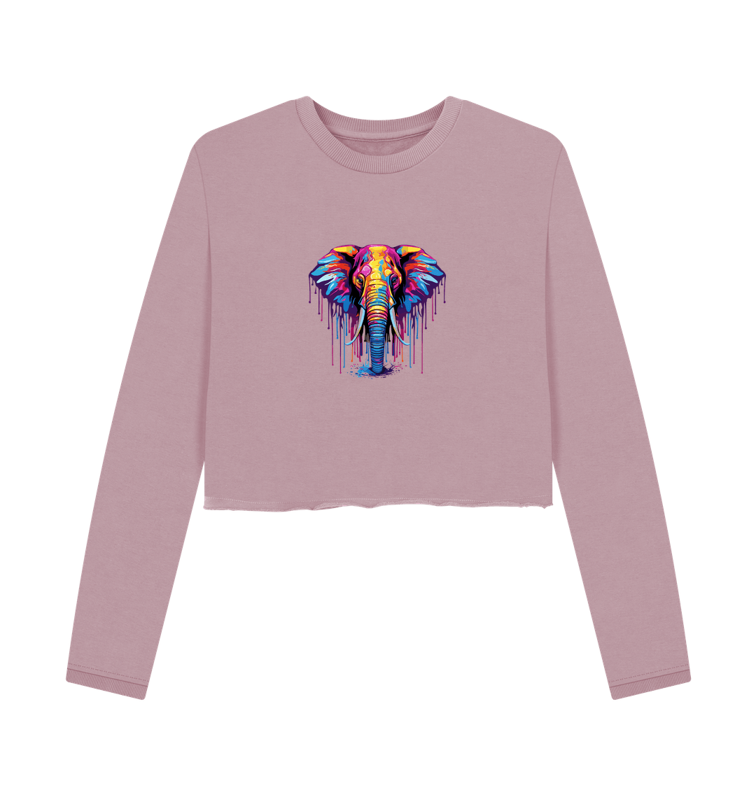 Pink long-sleeved sweatshirt with colorful elephant graphic