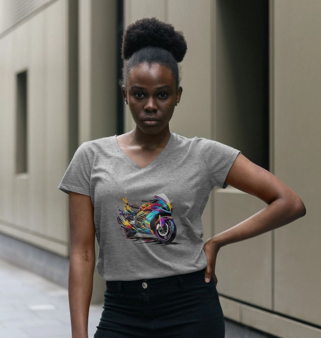 Gray V-neck t-shirt with colorful motorcycle graphic (person)