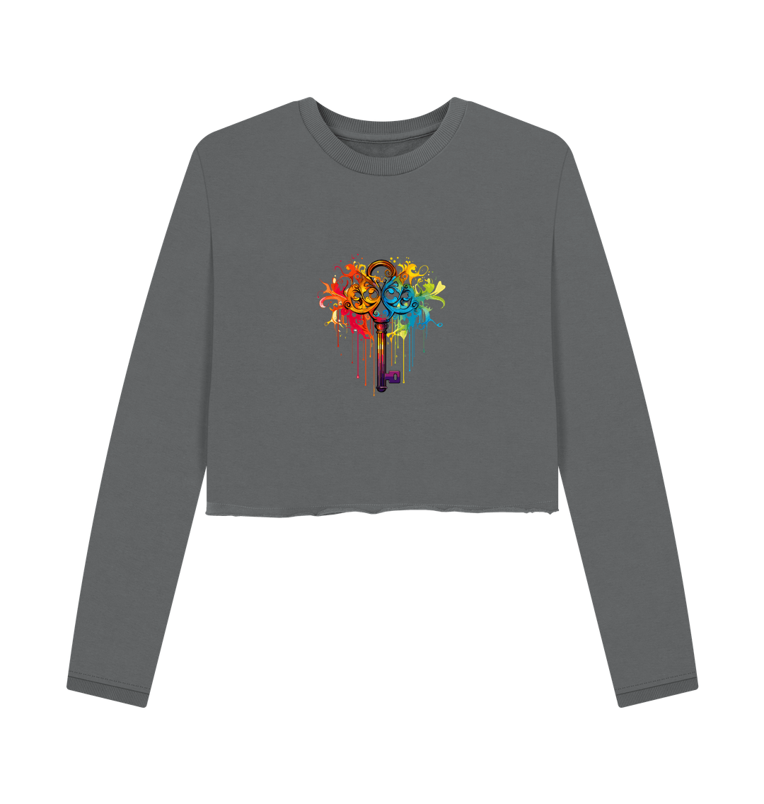 Gray cropped sweatshirt with colorful key design