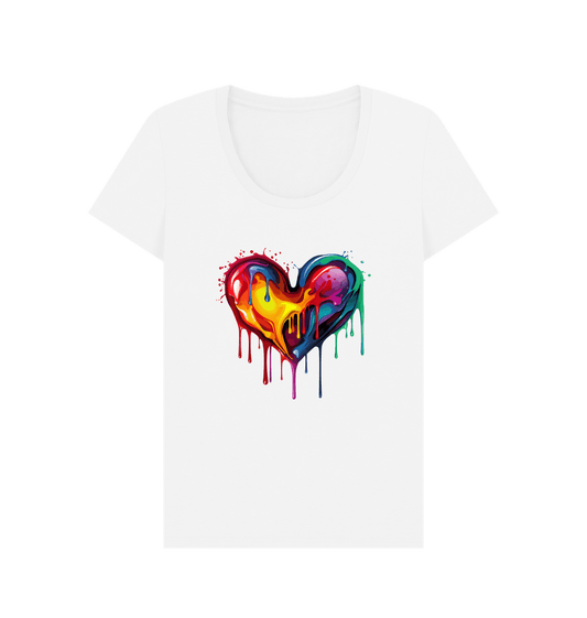 White t-shirt with colorful dripping heart design