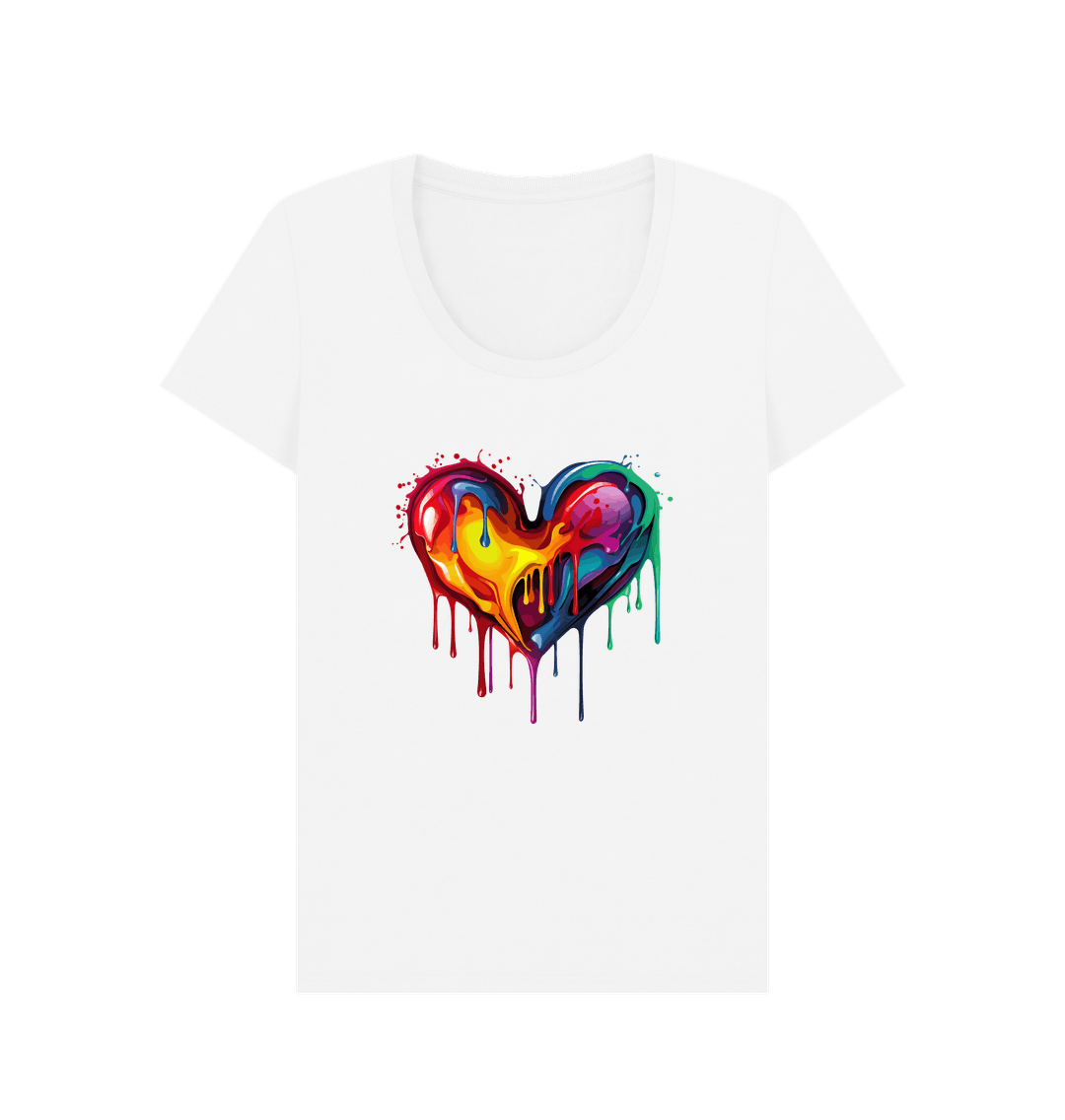 White t-shirt with colorful dripping heart design