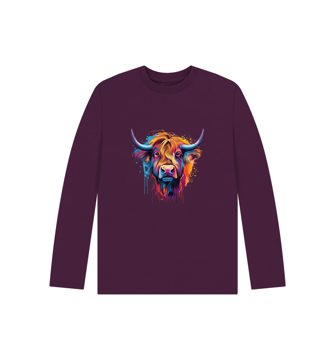 Maroon long-sleeved t-shirt with colorful bull graphic