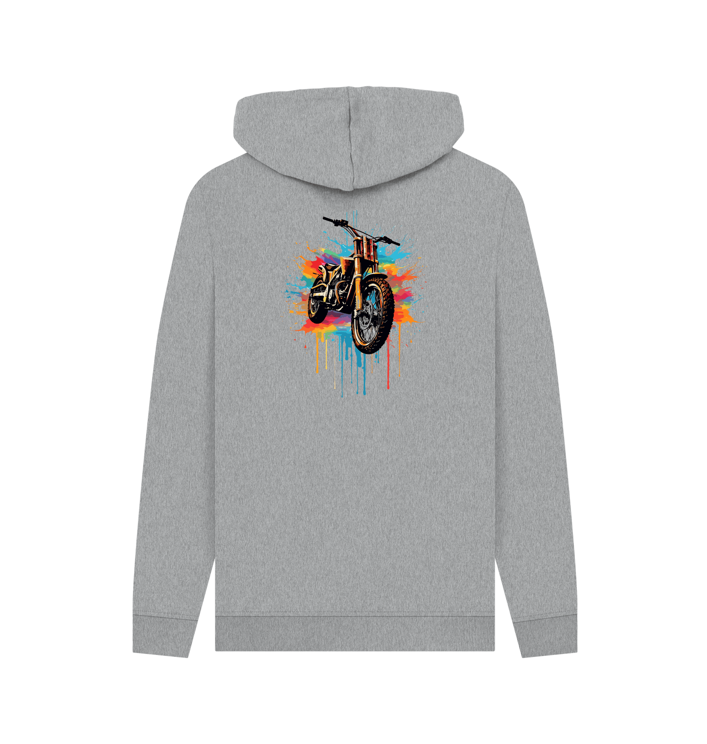 Gray hoodie with colorful motorcycle graphic