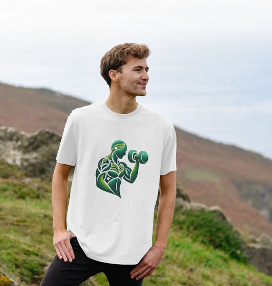 White t-shirt with green weightlifting design (person)