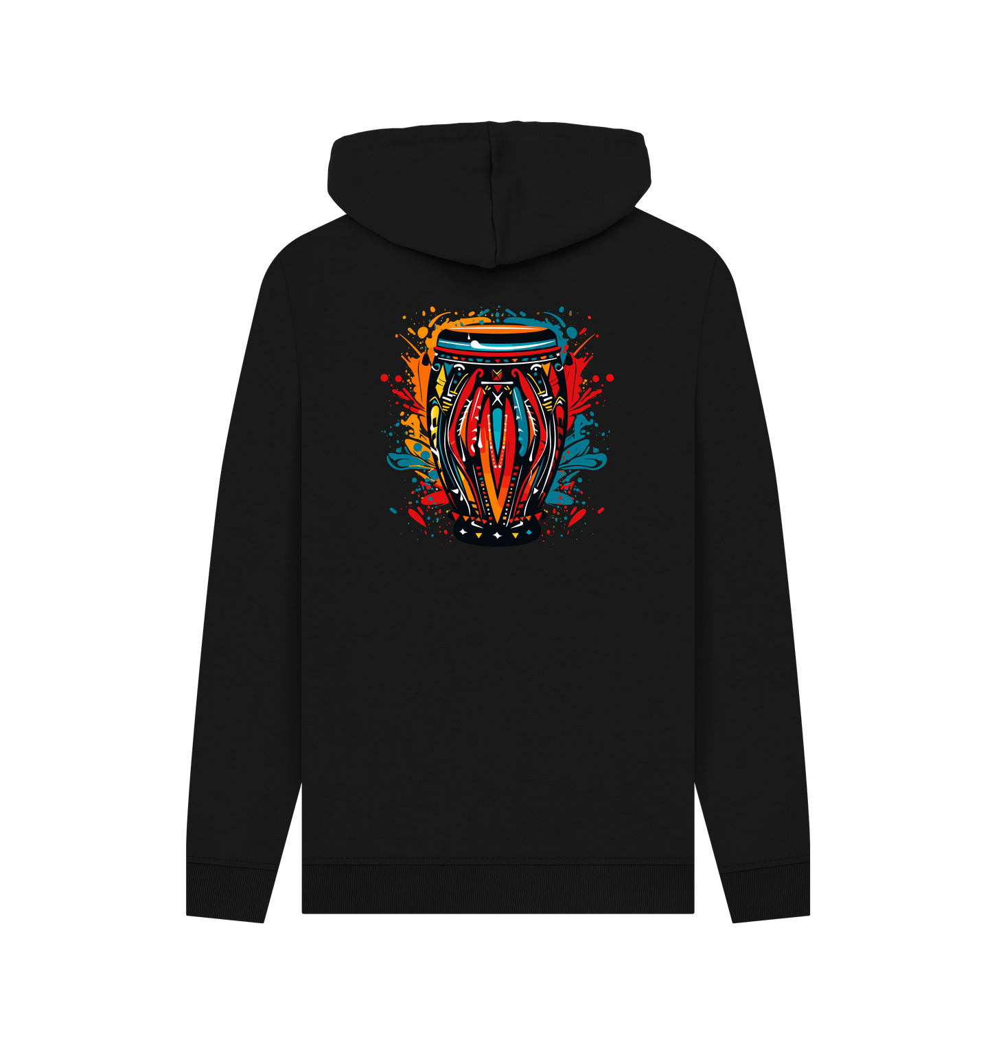 Black hoodie with colorful drum design