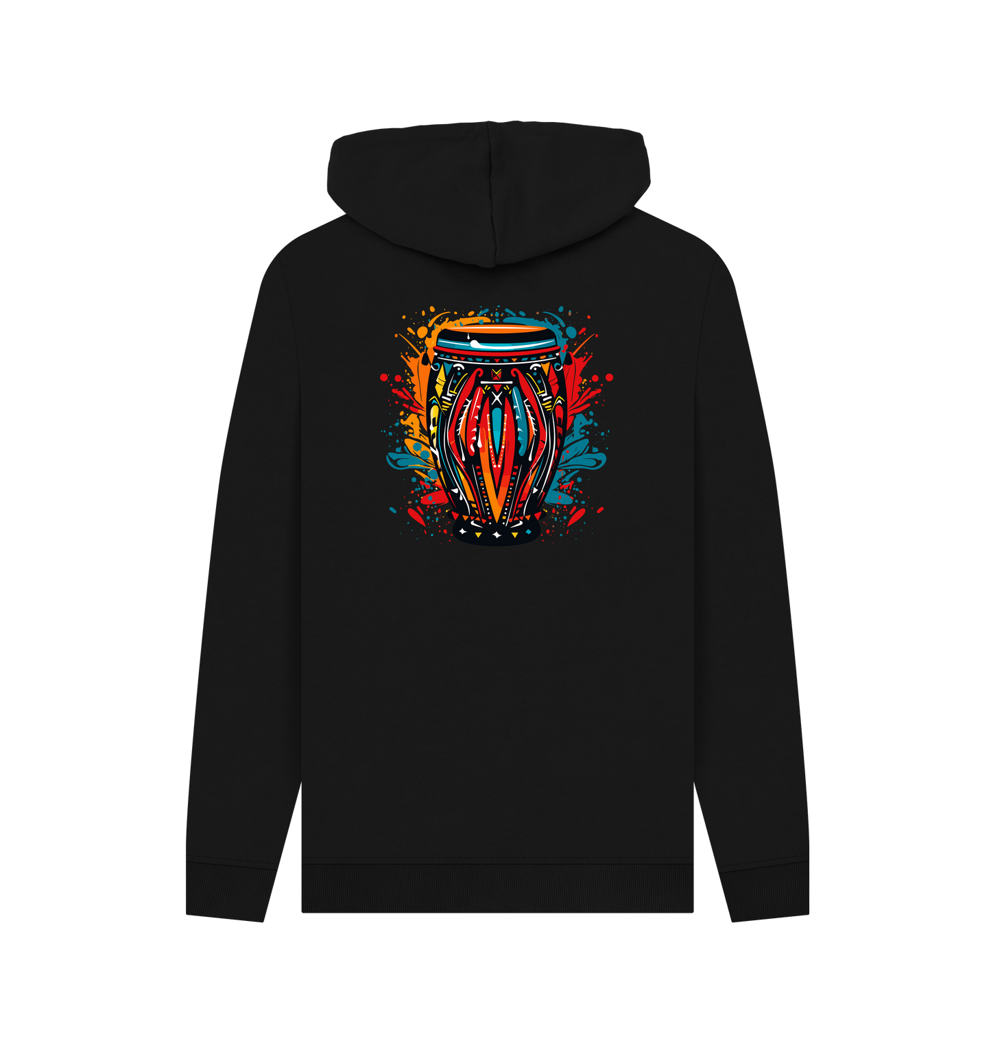 Black hoodie with colorful drum design