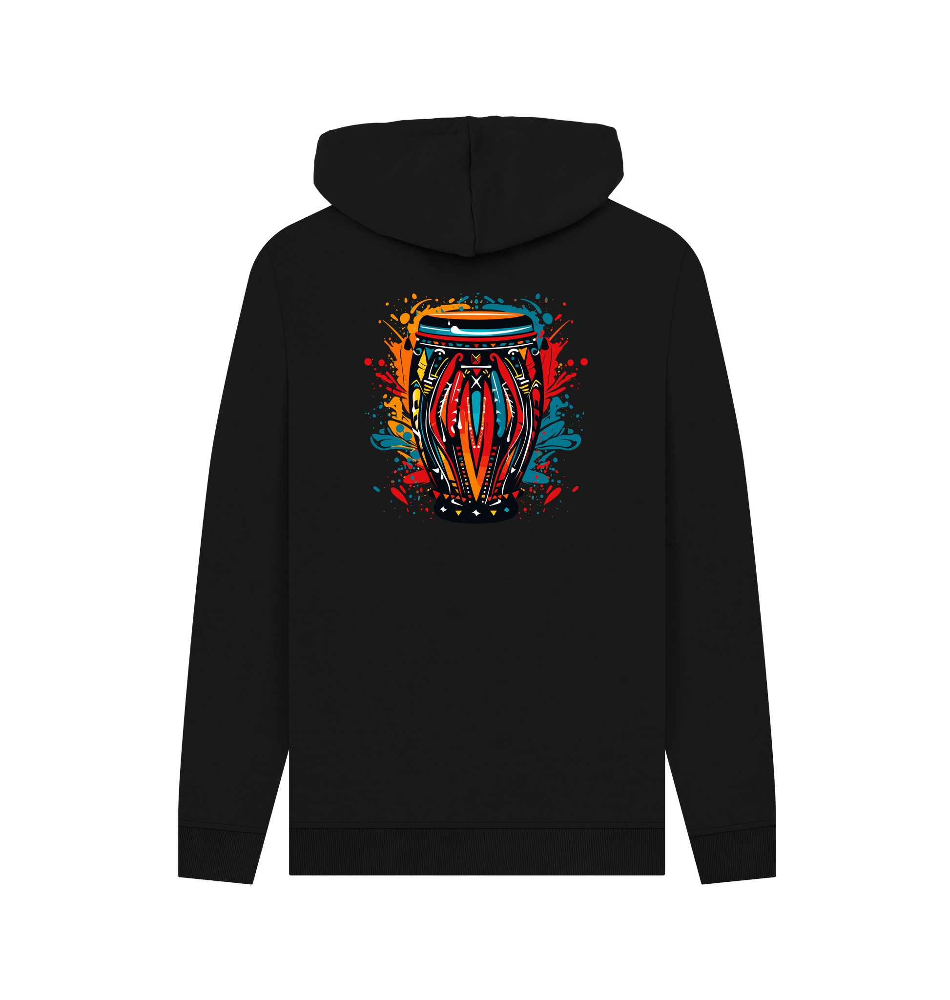 Black hoodie with colorful drum design