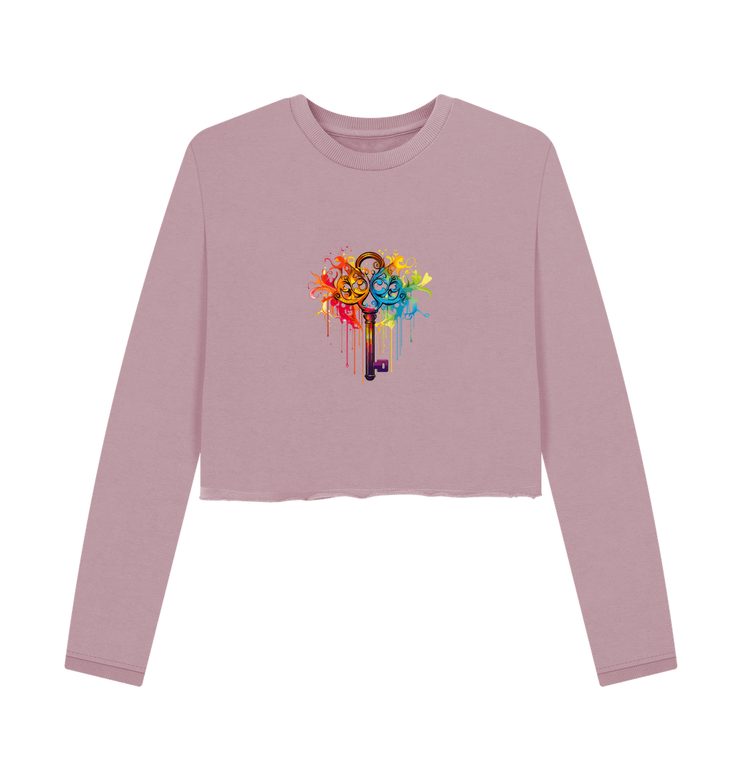 Pink cropped sweatshirt with colorful key design