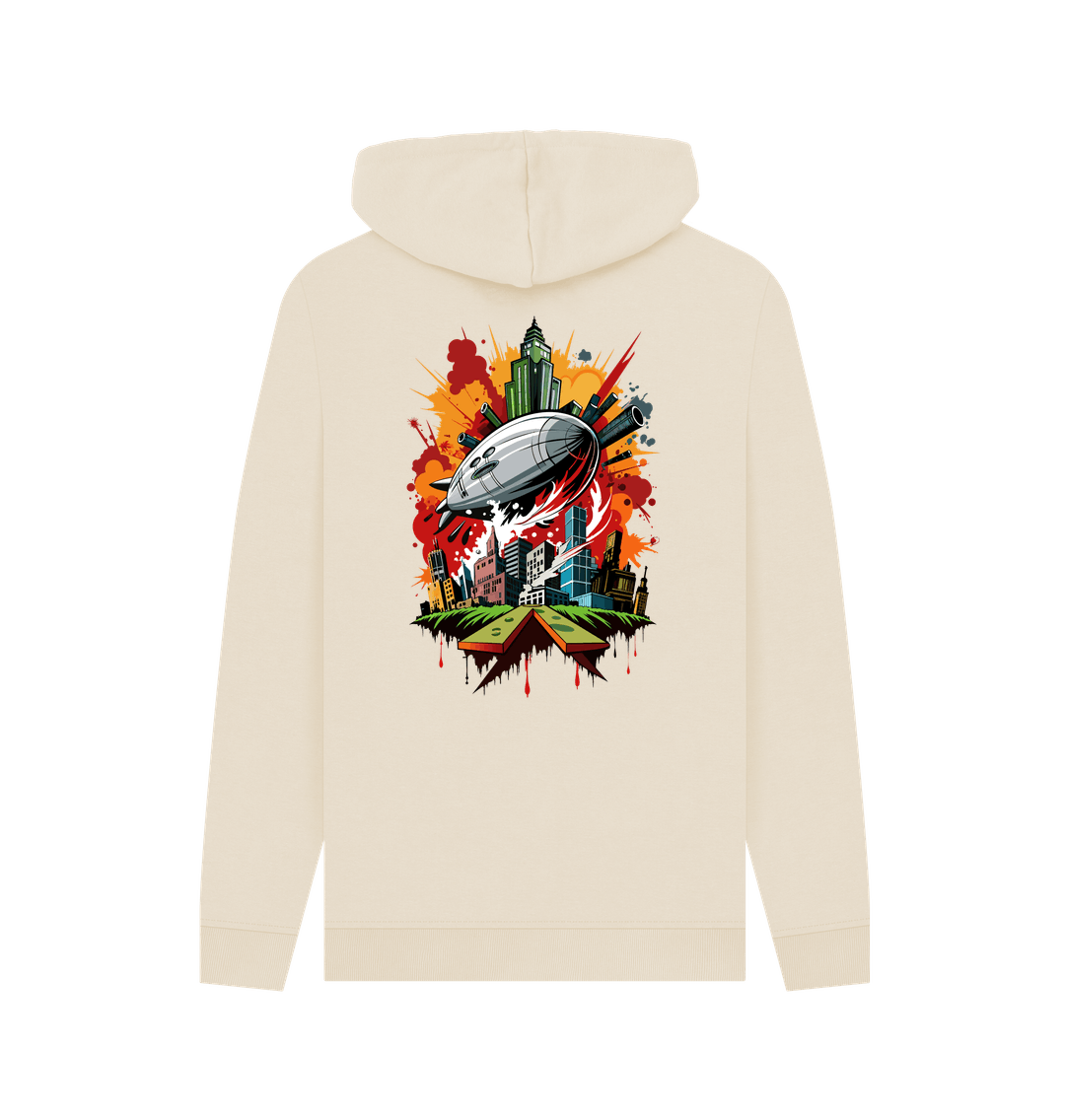 Cream hoodie with cityscape and zeppelin graphic
