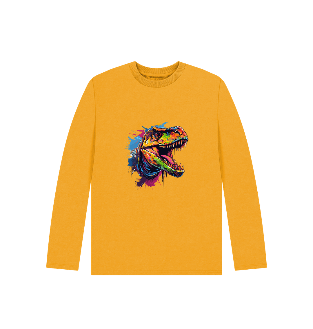 Yellow long-sleeved t-shirt with colorful dinosaur graphic