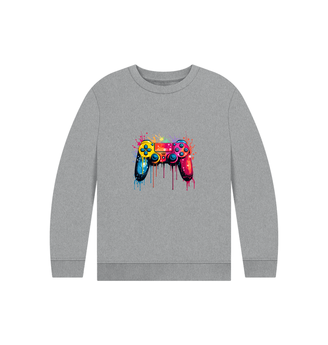 Gray sweatshirt with colorful game controller design