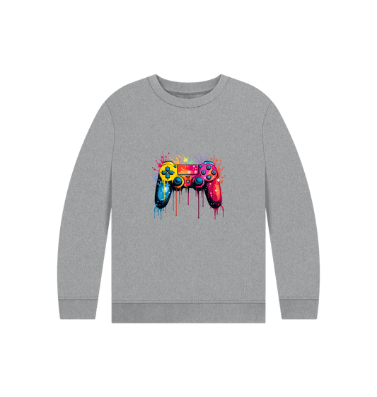 Gray sweatshirt with colorful game controller design