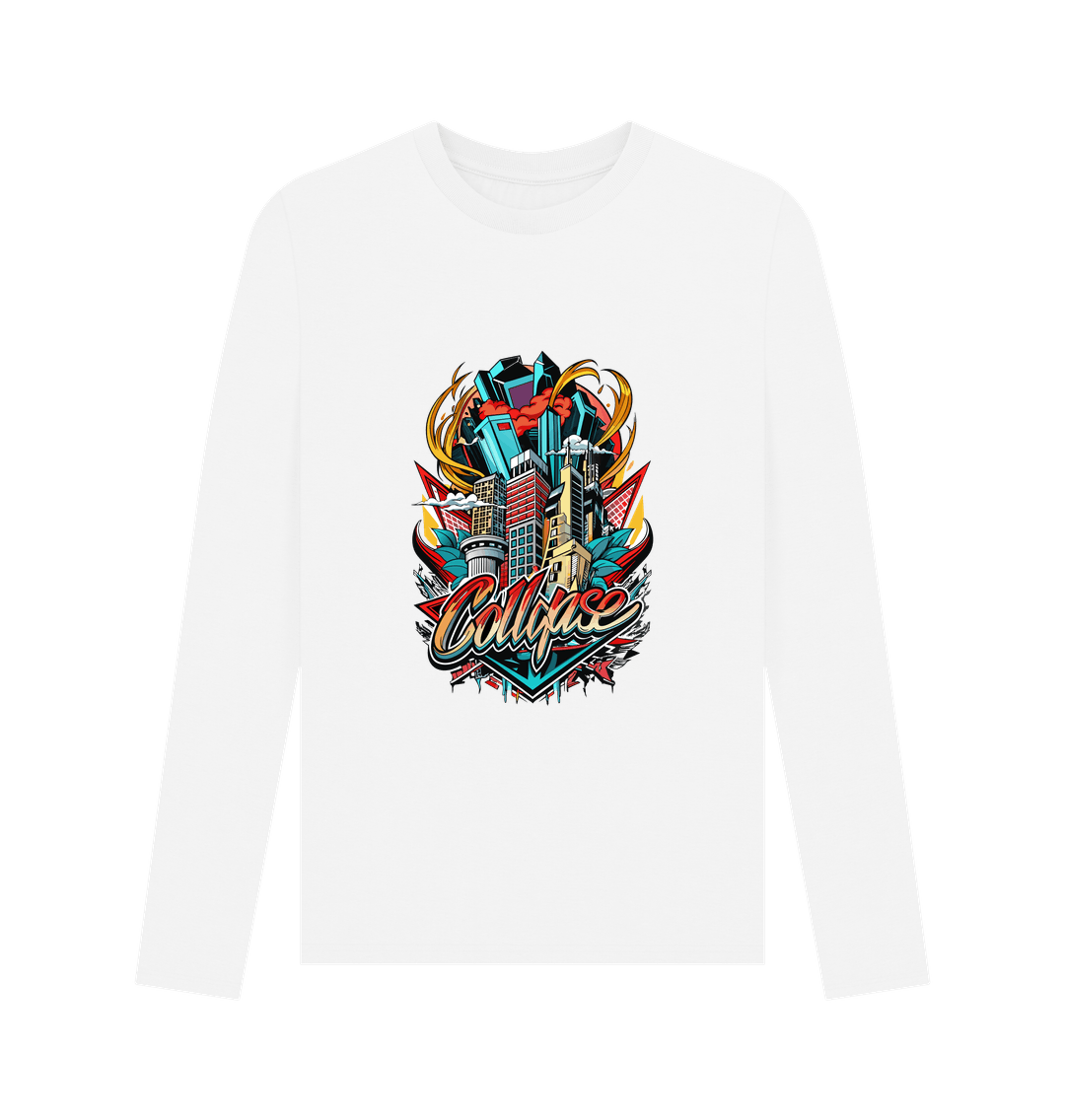 White long-sleeved t-shirt with colorful cityscape graphic