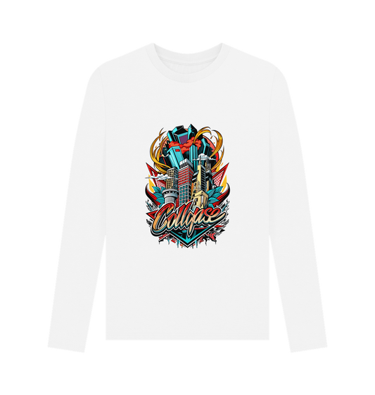 White long-sleeved t-shirt with colorful cityscape graphic
