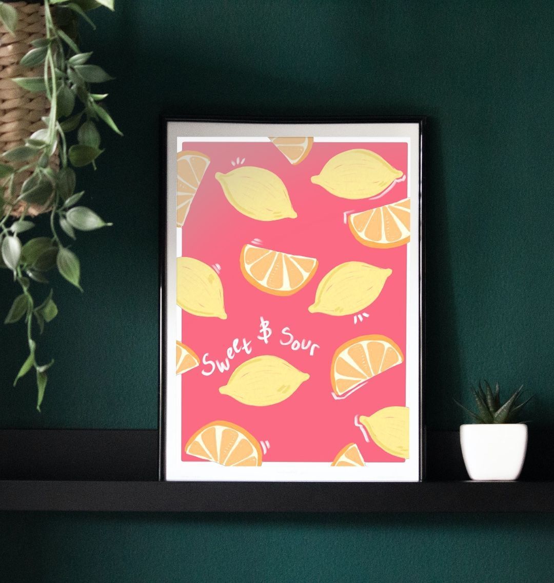 Framed lemon illustration on pink background