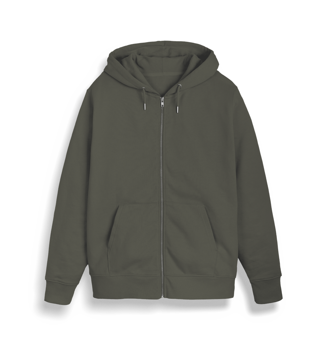 Olive green zip-up hoodie with hood