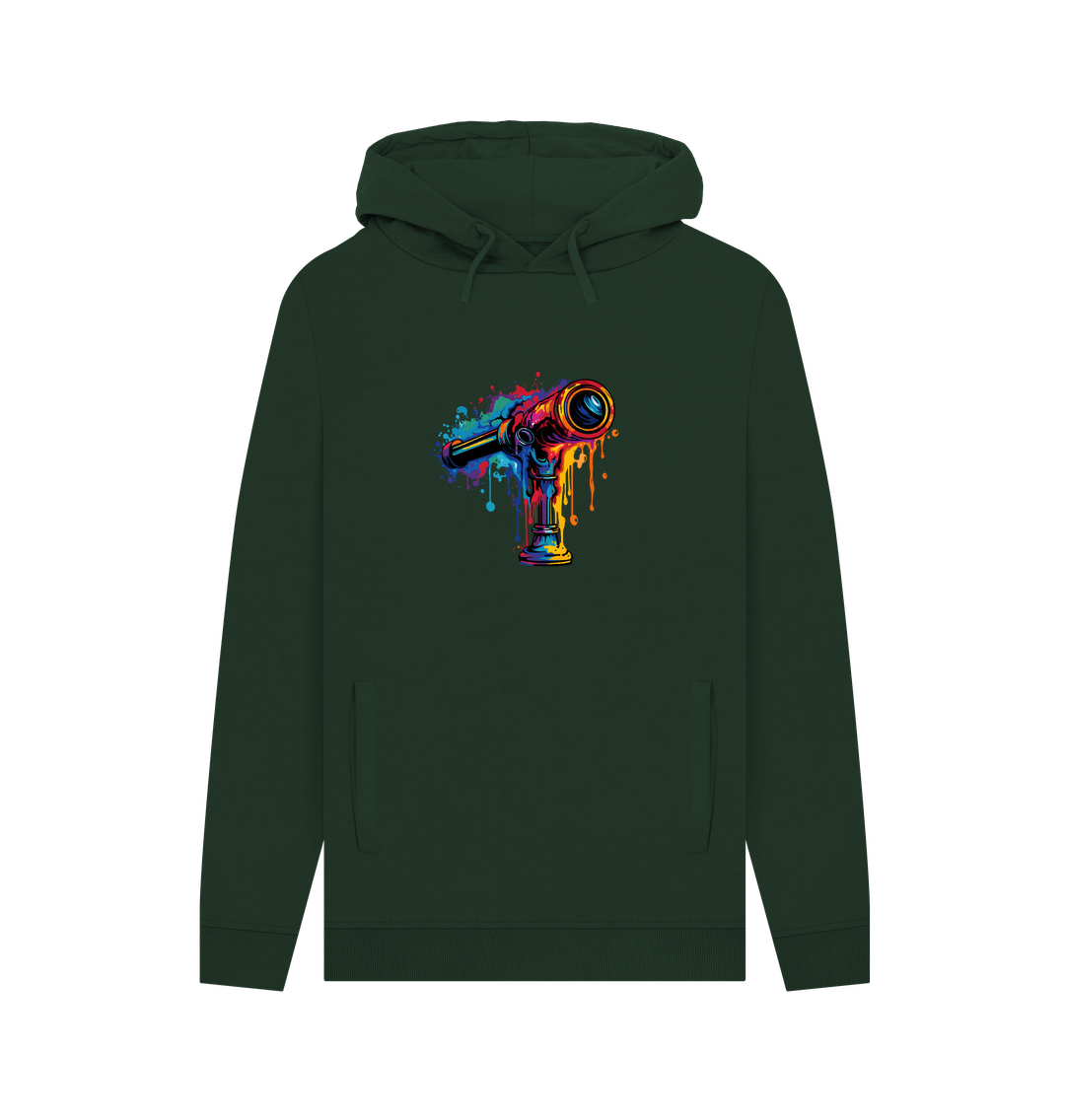 Dark green hoodie with colorful telescope graphic