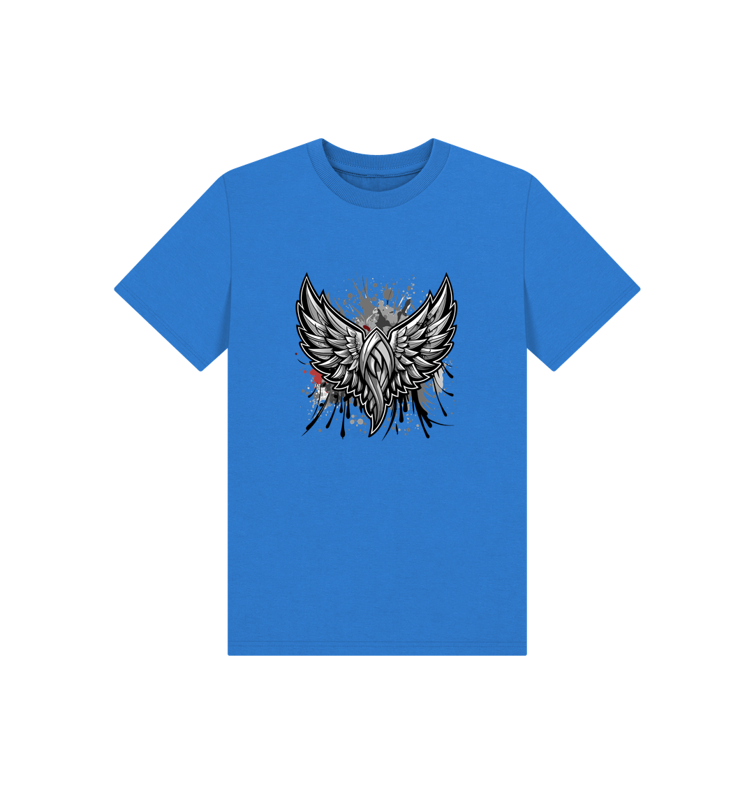 Blue t-shirt with silver wings graphic
