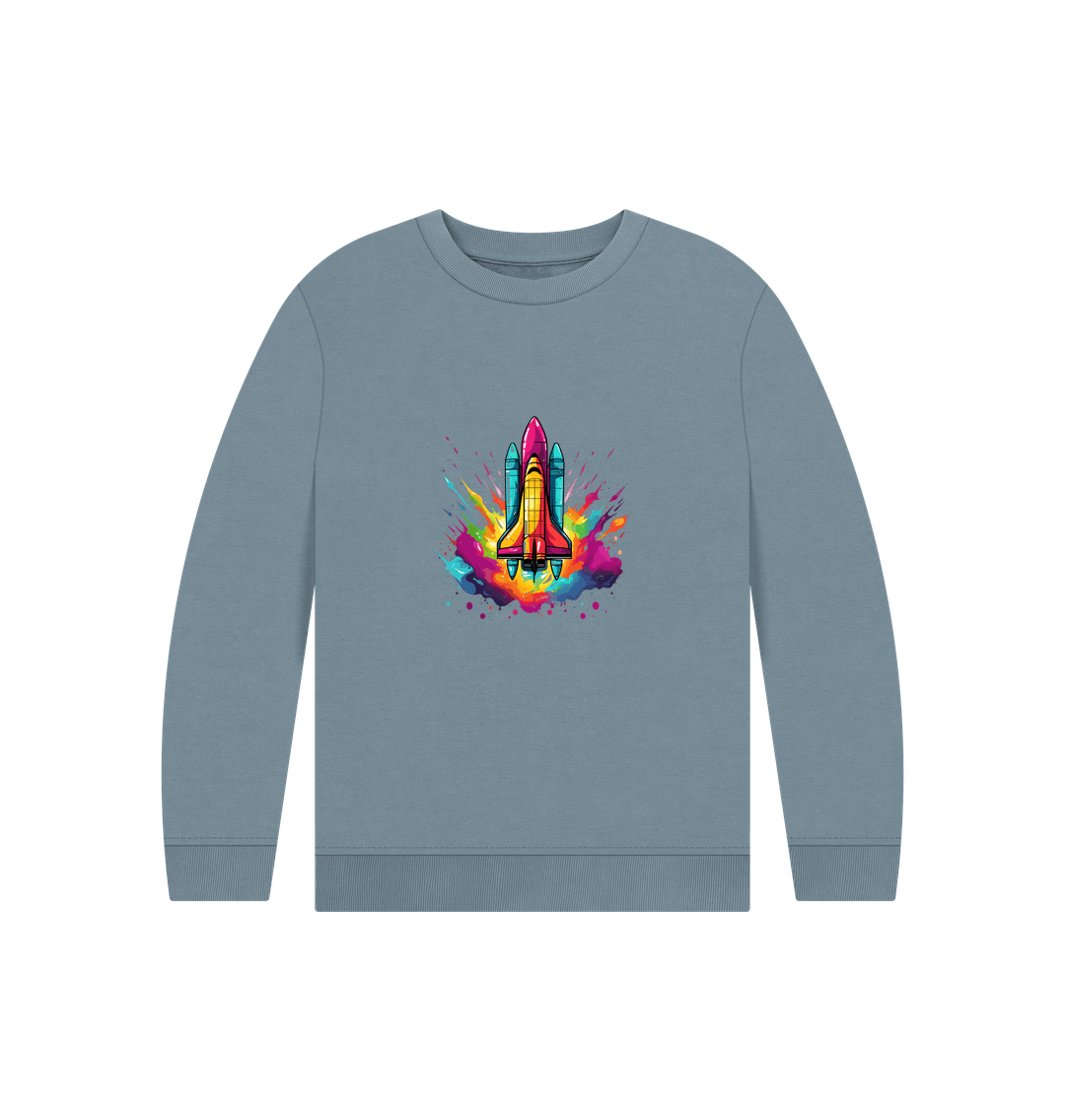 Gray sweatshirt with colorful rocket graphic