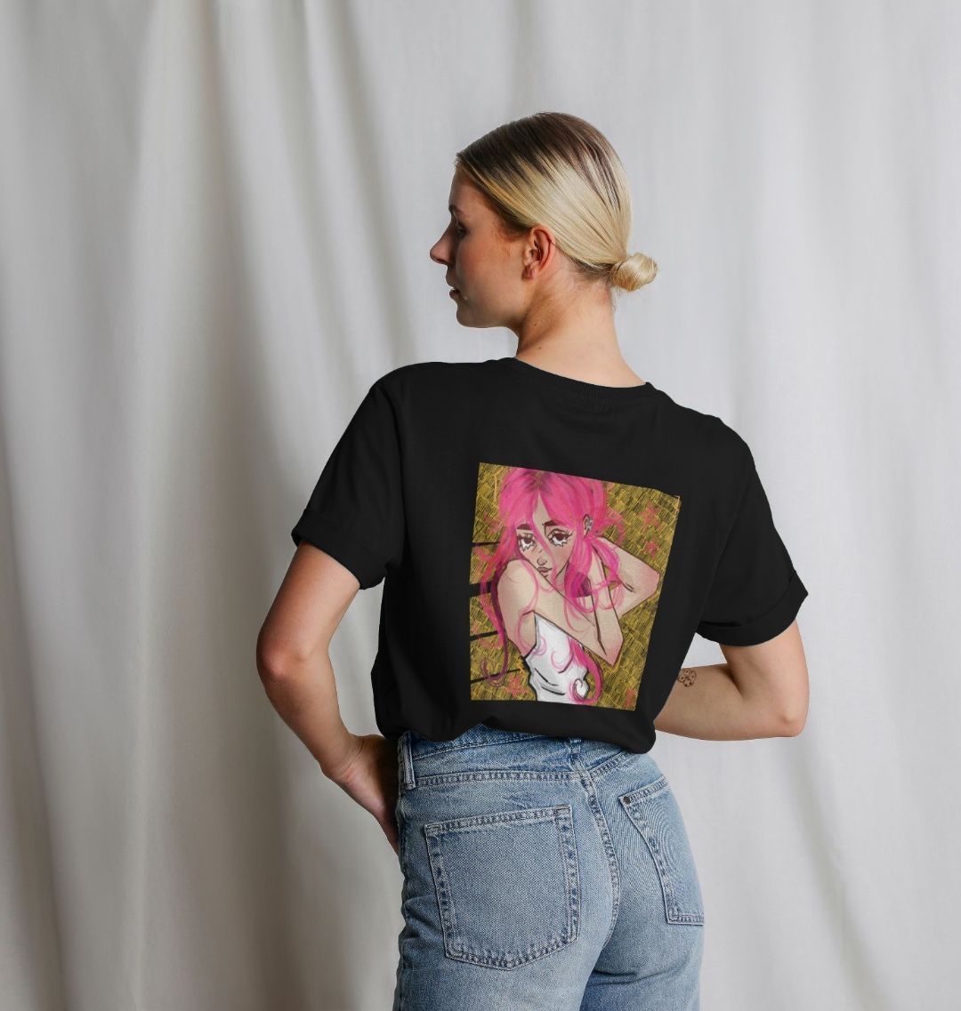Black t-shirt with pink-haired girl graphic (person)