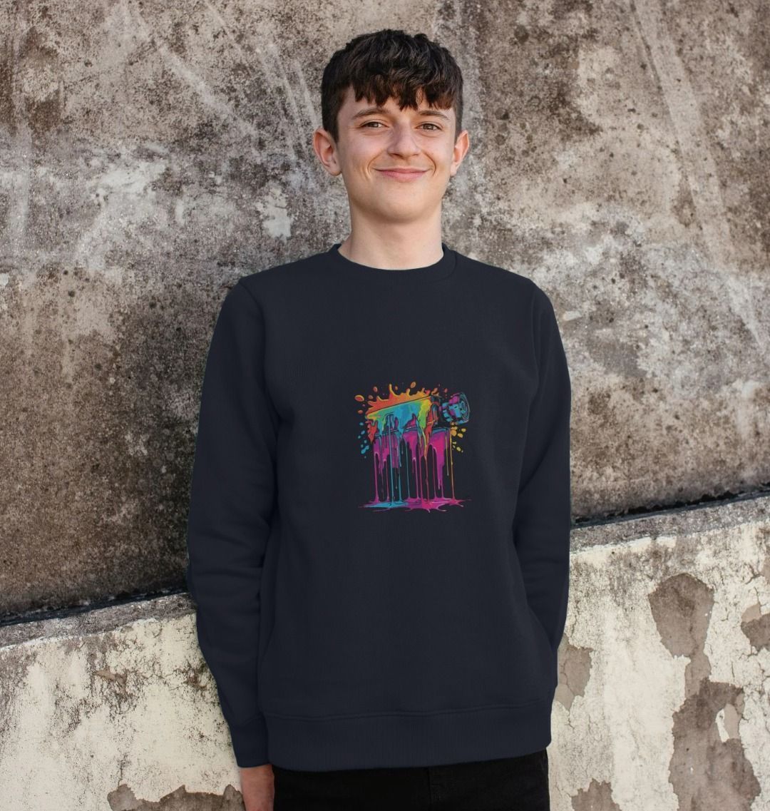 Black sweatshirt with colorful paint splatter design (person)