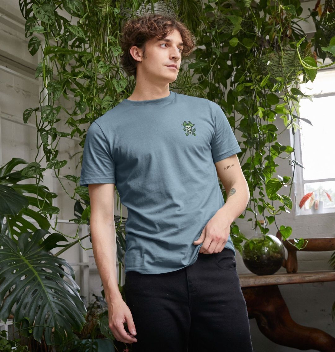 Blue t-shirt with skull and crossbones design (person)