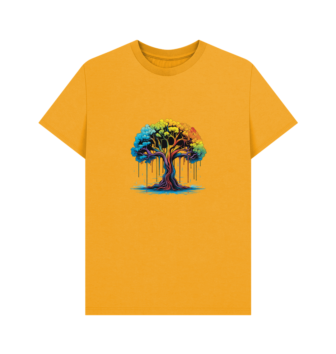 Yellow t-shirt with colorful dripping tree design
