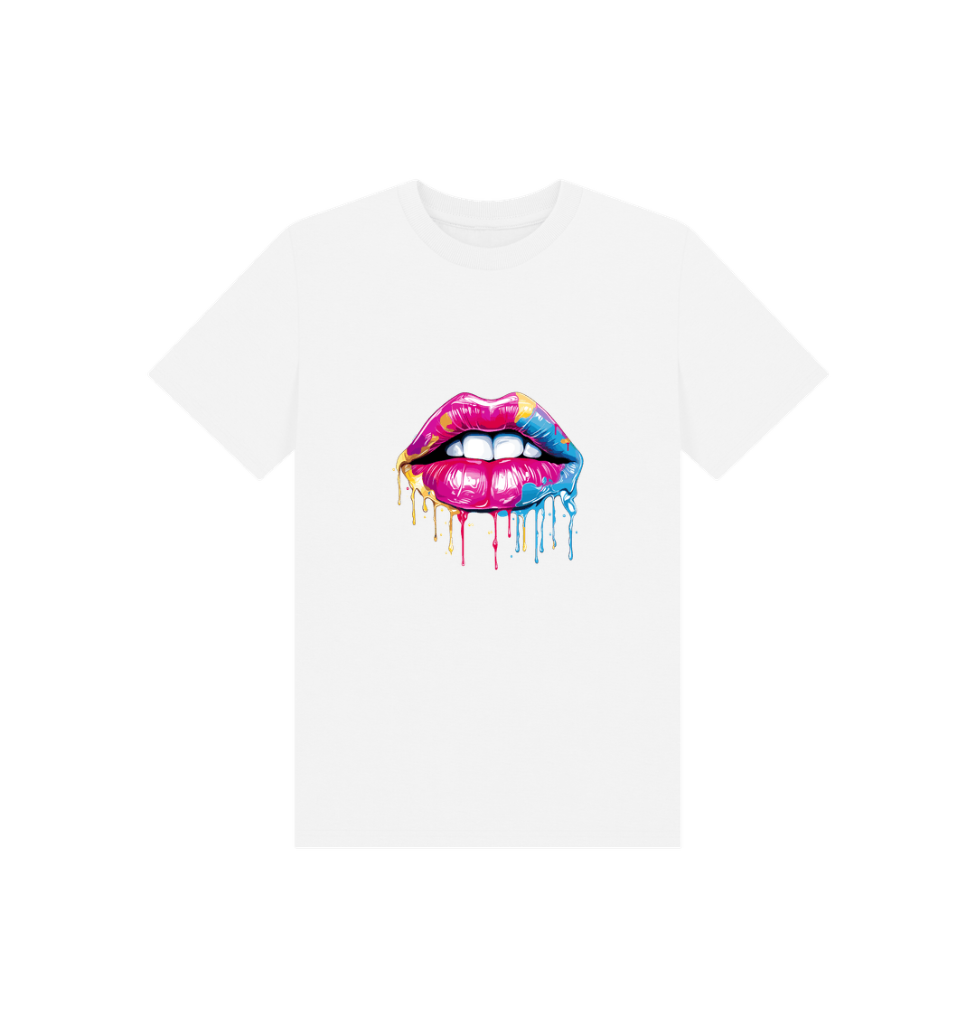 White t-shirt with colorful dripping lips graphic