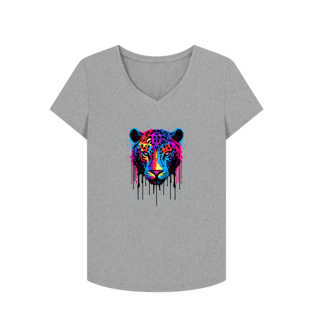 Gray V-neck t-shirt with colorful leopard print