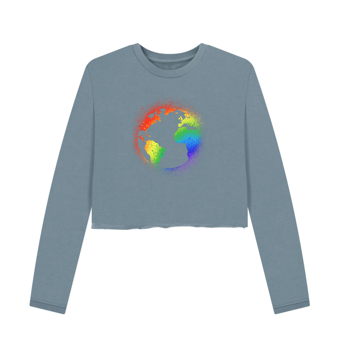 Gray long-sleeve sweatshirt with rainbow globe design