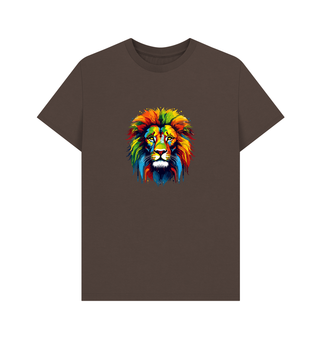 Brown t-shirt with colorful lion graphic