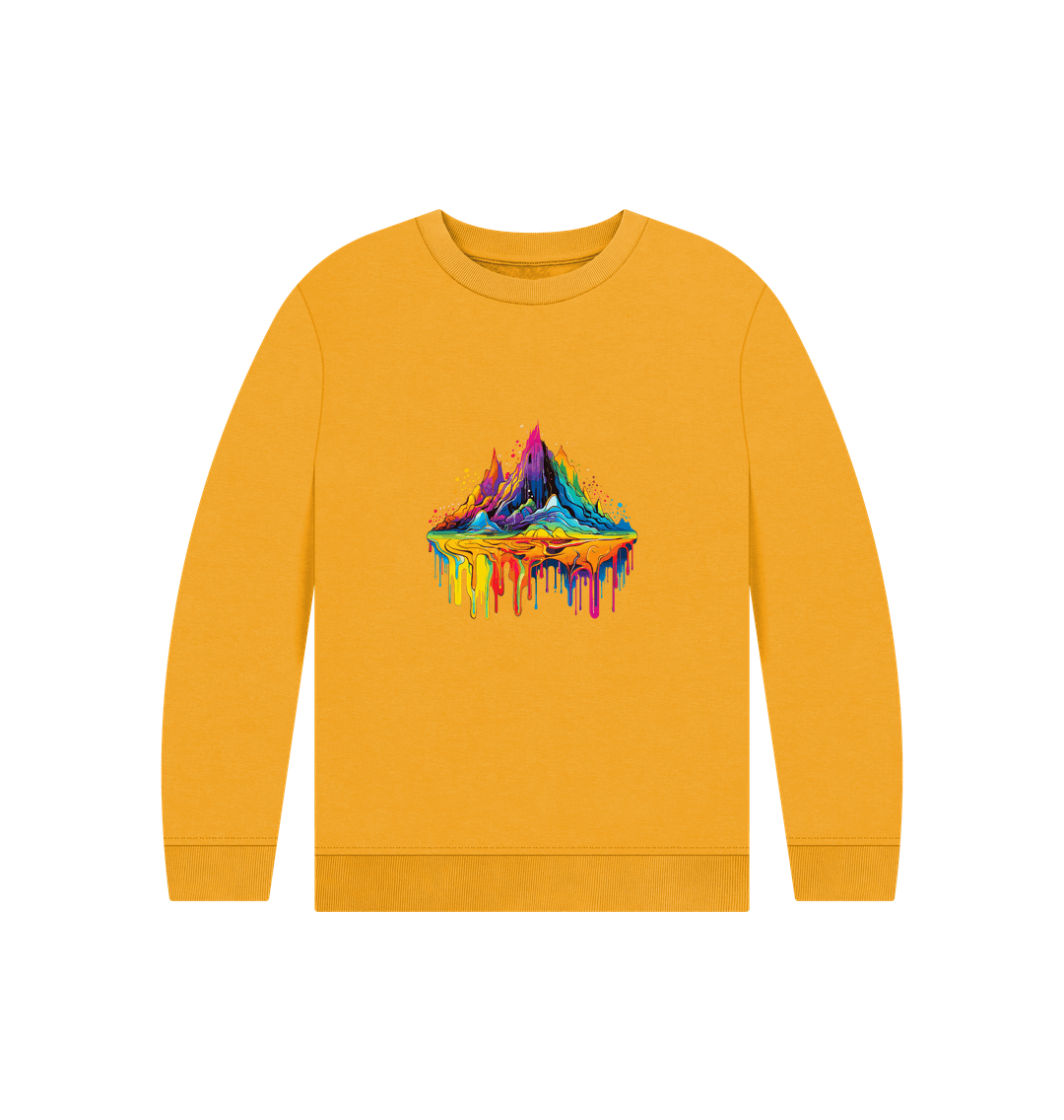 Yellow sweatshirt with colorful mountain graphic