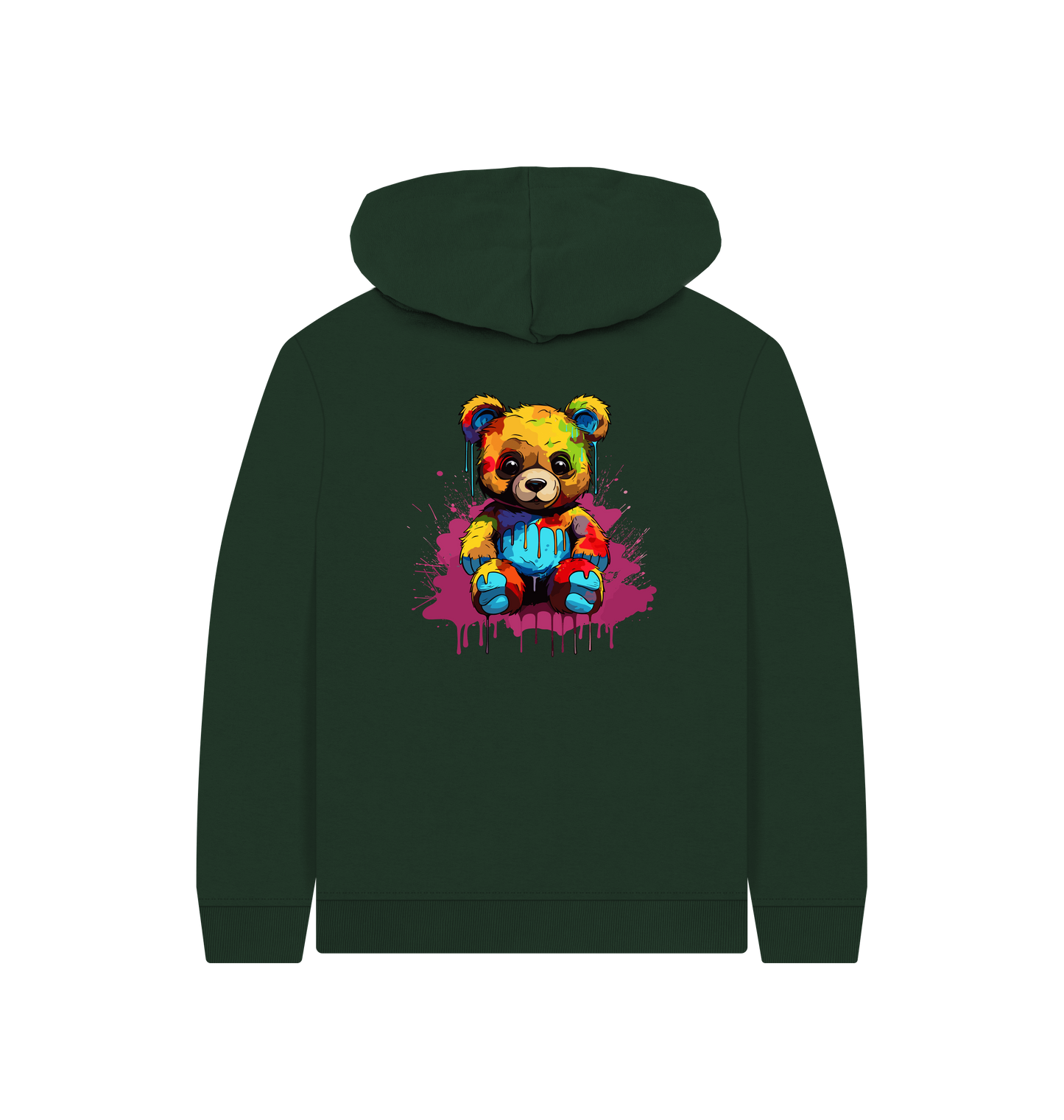 Green hoodie with colorful teddy bear graphic
