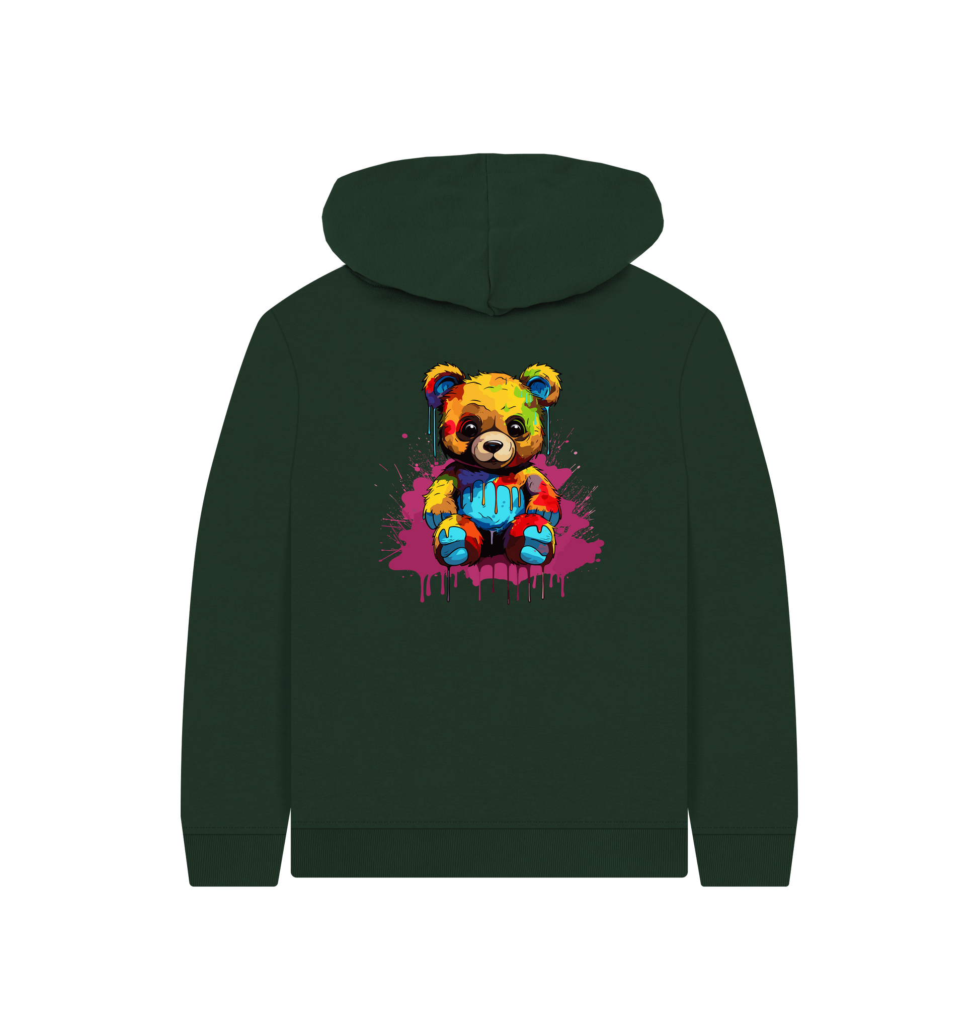 Green hoodie with colorful teddy bear graphic