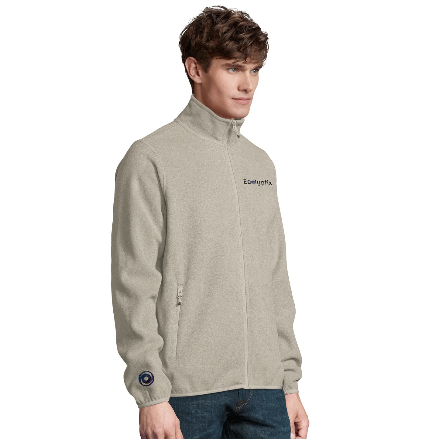 Beige fleece jacket with "Ecolyptix" logo (person)